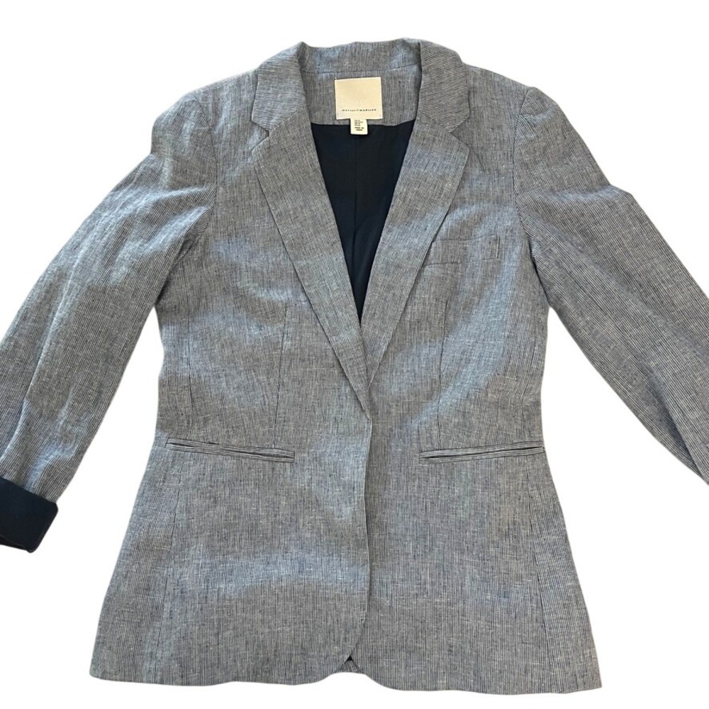 Mercer & Madison Blue White Pinstripe Linen Blend Blazer M Coastal ClassicJacket